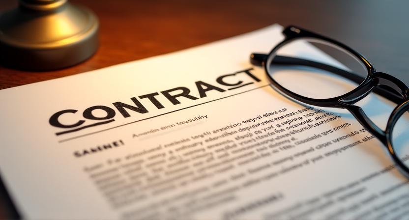 Close up of a legal professional reviewing a complex commercial contract with a magnifying glass