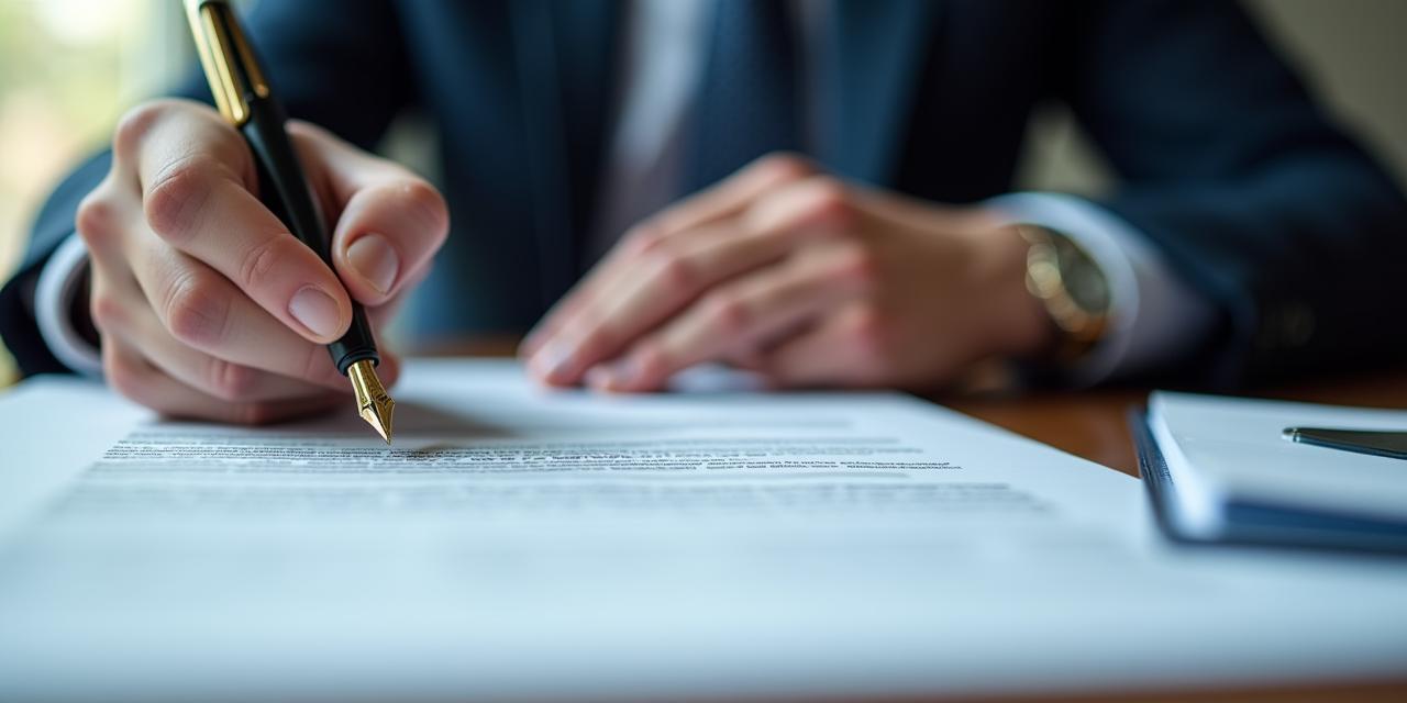 Close up of a professional signing a sophisticated legal document with a fountain pen