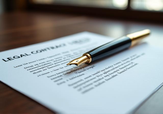 Close-up of a high-end legal contract and a fountain pen on a mahogany desk